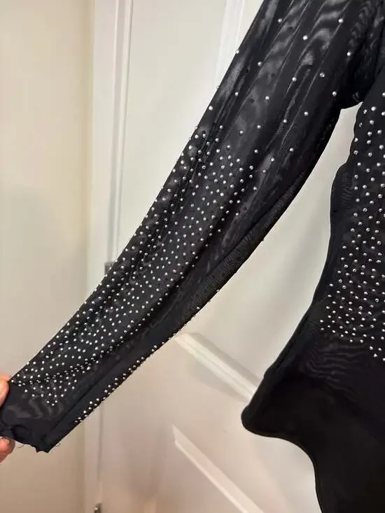 Talent Rhinestone Studded Mesh Long Sleeve Bodysuit in Black M/L - Picture 4 of 11